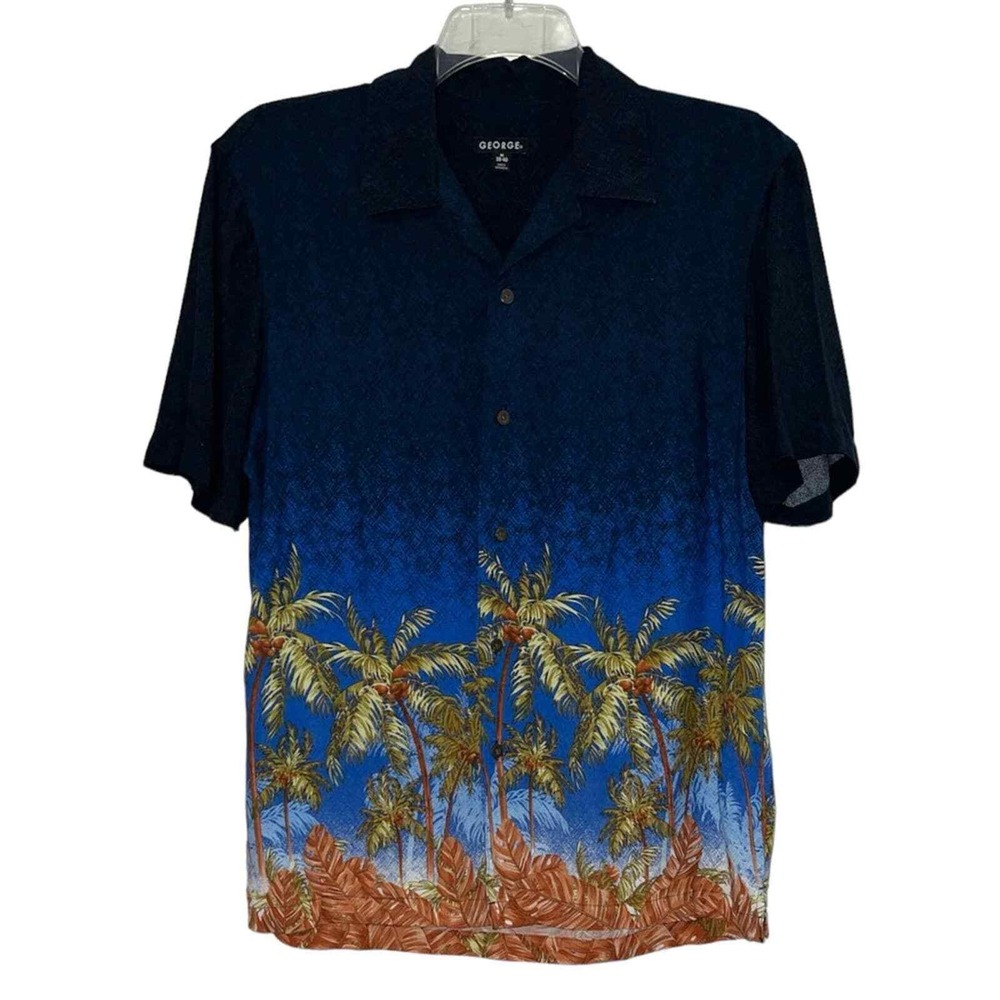 George Tropical Palm Tree Shirt Mens M Blue Navy Rayon Button Down GM25X031